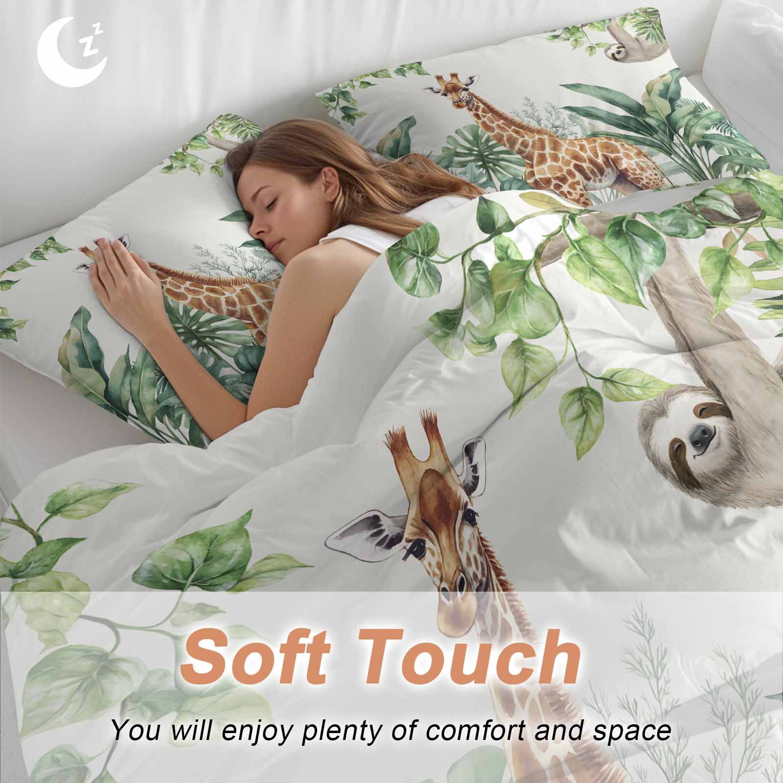 Tropical Giraffe Sloth Bedding 3 Piece Duvet Cover Set Queen Size, Watercolor Summer Palm Leaf Soft Microfiber Comforter Cover with Zipper Closure & Pillowcases, Wrinkle & FadeResistant Quilt Cover