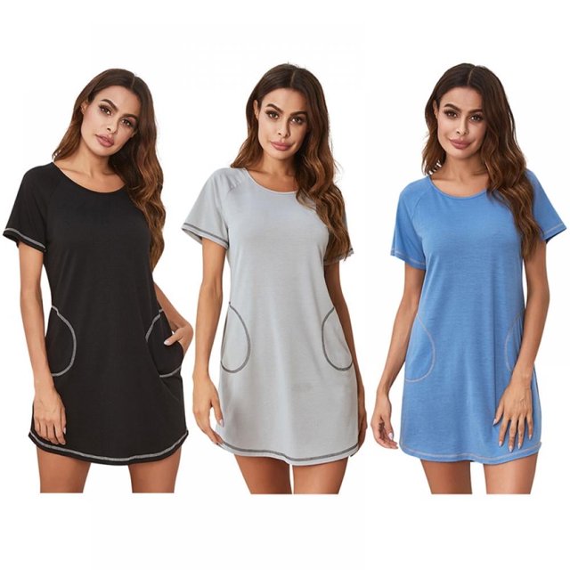 EIMELI S-2TG Grande Taille Pyjama Femme Nuisette en Satin Patchwork Chemise de Nuit Robe Manches Courtes avec Poche