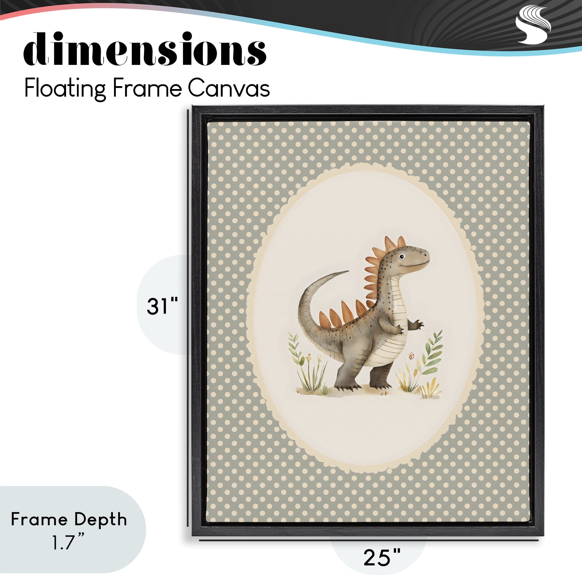 Stupell Industries Watercolor Dinosaur Polka Dot Border Black Framed Floater Canvas Wall Art, design by LSR Design Studio