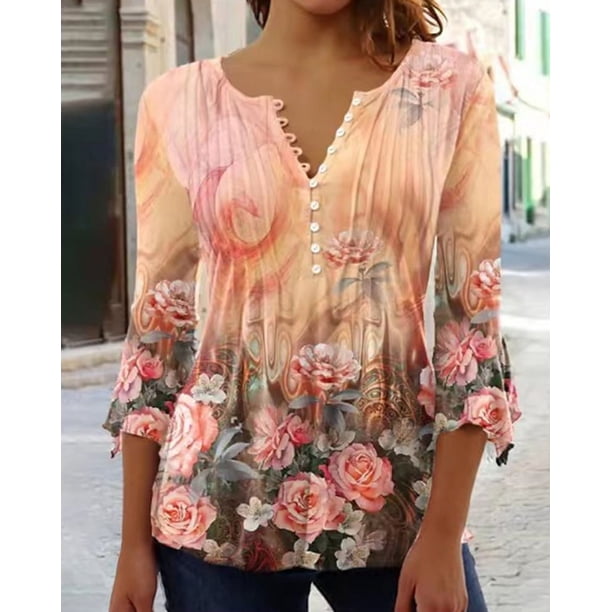 Camiseta básica con botones y pliegues de manga corta con escote en V y estampado floral para mujer de moda de primavera y verano