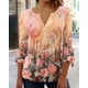 thumbnail image 1 of Camiseta básica con botones y pliegues de manga corta con escote en V y estampado floral para mujer de moda de primavera y verano, 1 of 6