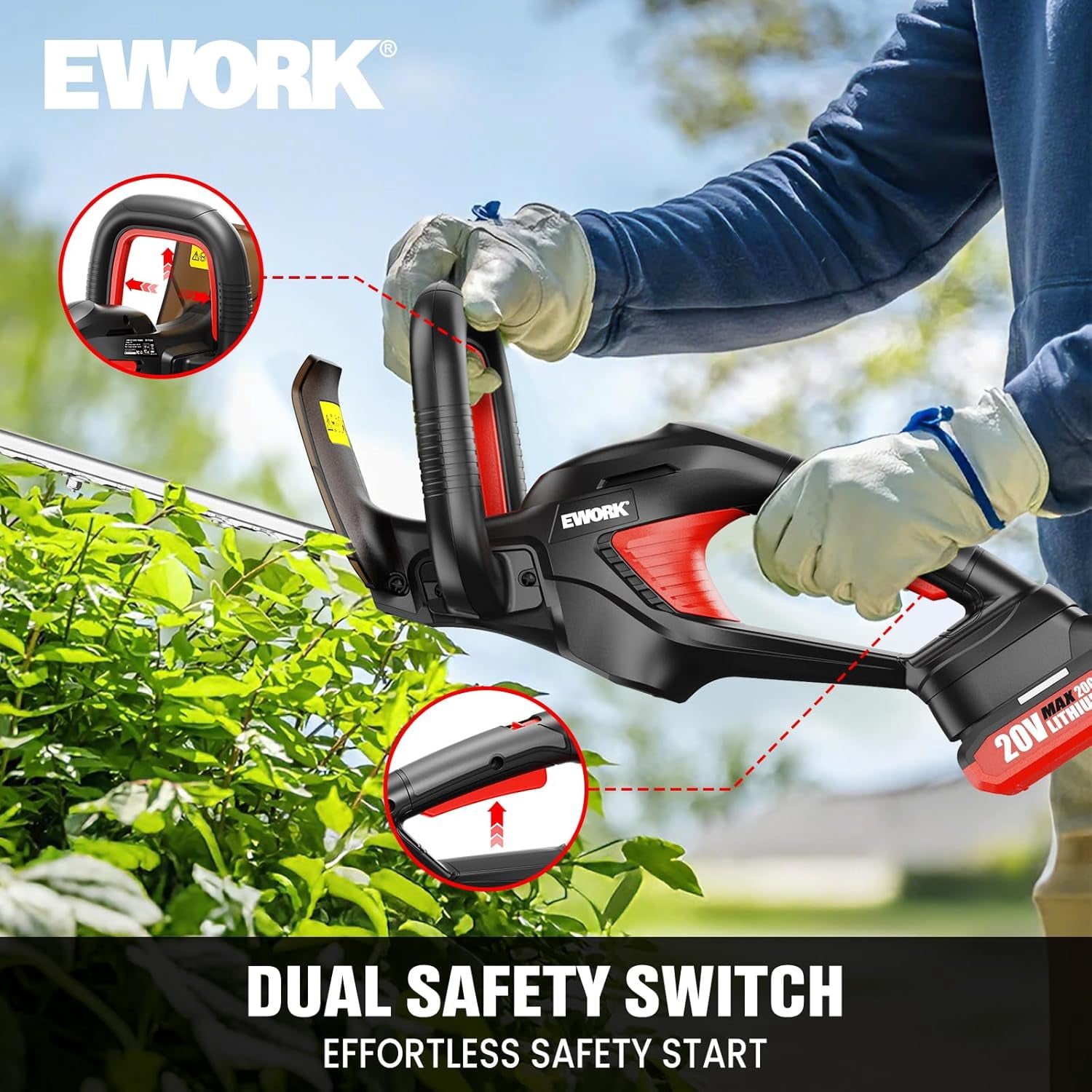 EWORK 22-Inch Cordless Hedge Trimmer, 20V Battery Powered Bush Trimmer, Lightweight Handheld Shrub Trimmer with 2 Batteries and Charger, 5/8-Inch Cutting Capacity for Garden, Yard (Red)