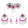 thumbnail image 2 of 1 Set Ancient Chinese Flower Hair Comb Tassel Stick Dangle Earrings Rose Red, 2 of 8