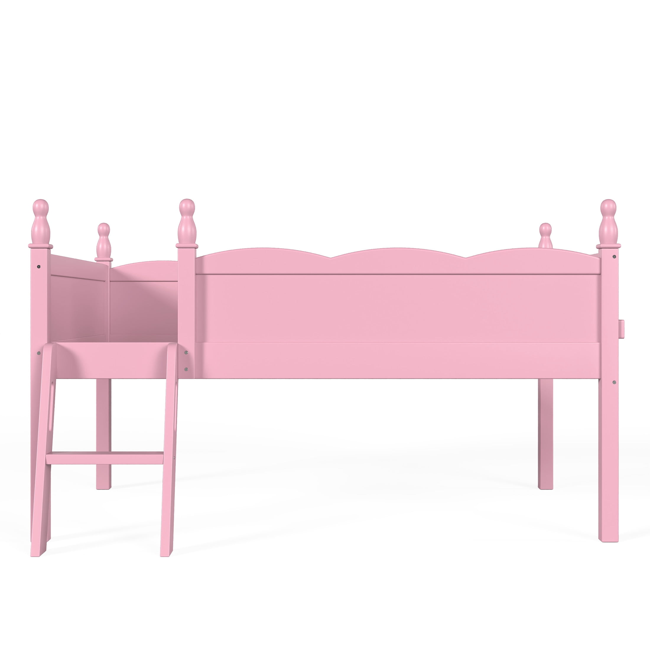 GDF Studio Twin Size Low Loft Bed with Guardrails, Ladder & Side Bookshelf, Chic Design, Pink