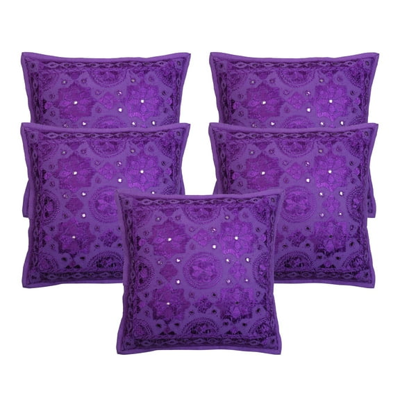 Stylo Culture Indian Chair Seat Throw Pillow Covers 16 x 16 Embroidered Purple Bohemian 40 x 40 cm Living Room Cotton Mirrored Square Cushion Covers | Set Of 5