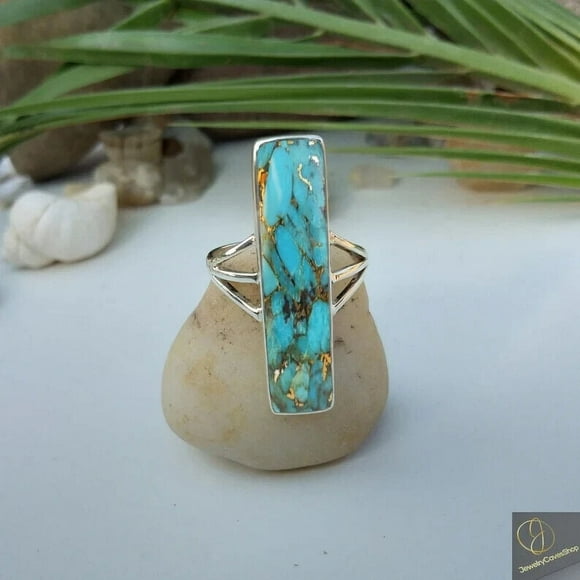 Boho Turquoise Ring Feroza Gemstone Handmade Ring Long Turquoise Stone Ring