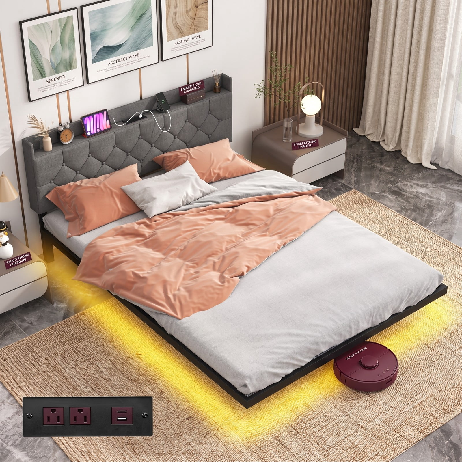 Furnibear Queen Size Bed Frame Upholstered Floating Platform Bed with LED Lights, Storage Headboard and Charging Station, Gray