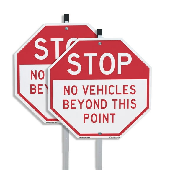 Stop No Vehicles Beyond This Point (2 Pack) 10 inch X 10 inch Octagon Aluminum Metal Signs with Aluminum Mounting Stakes Weather Resistant UV Protected for Workplace Private Property
