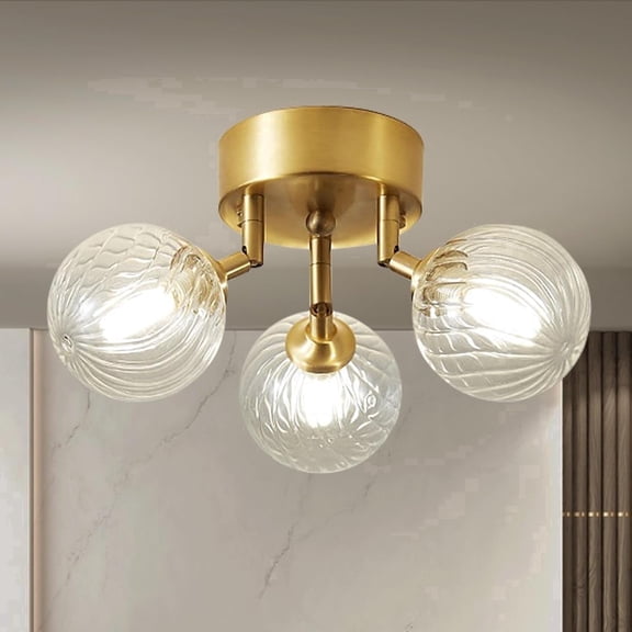 Semi Flush Mount Ceiling Light Glass Globe, 3-Light Ribbed Glass Brass Ceiling Light Fixture with LED G9 for Entryway Kitchen Dining Room Living Room, Gold