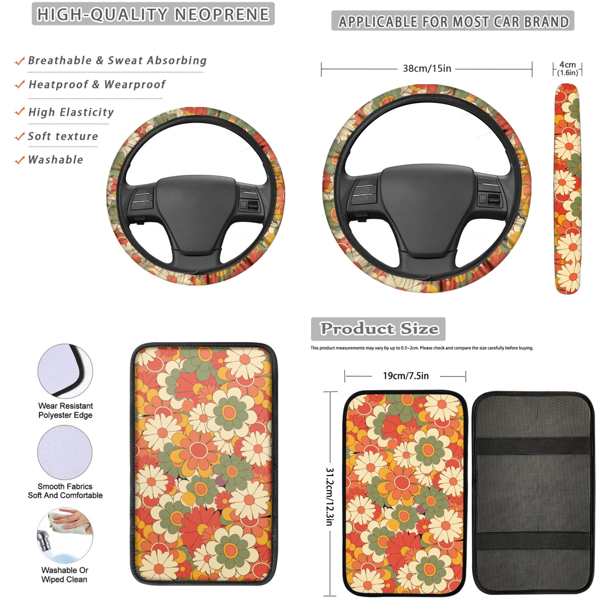Jeiento Abstract Hippie Flower 13 PCS Car Seat Cover Set, with Steering Wheel Seat Belt Covers Center Console Pad Coasters Keychain Lipstick Holder Auto Interior Accessories Full Set for Women