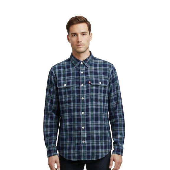 Levi's Men's Blairmore Indigo Blue Plaid Shirt Long Sleeve Workers Shirts (S08)