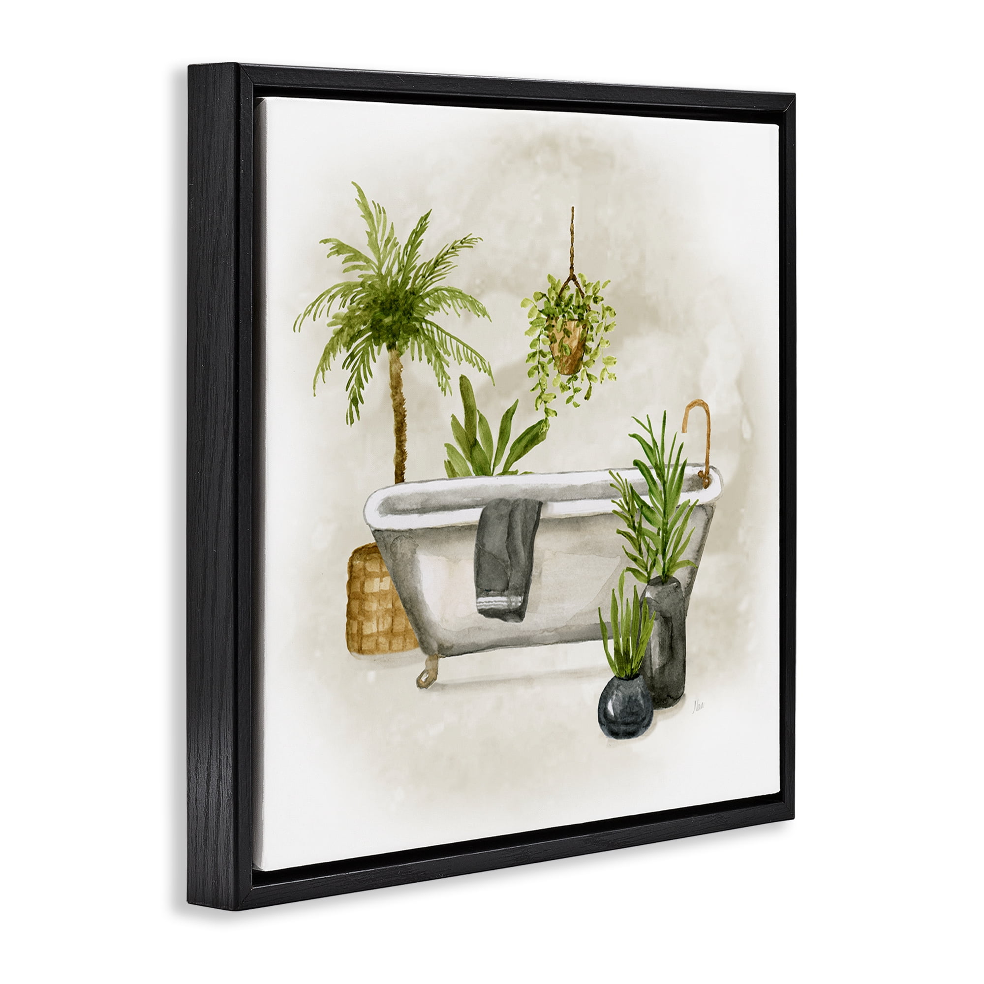 Stupell Industries Plant Filled Bathroom Bath & Laundry Painting Black Floater Framed Canvas Art Print Wall Art, 18 x 18