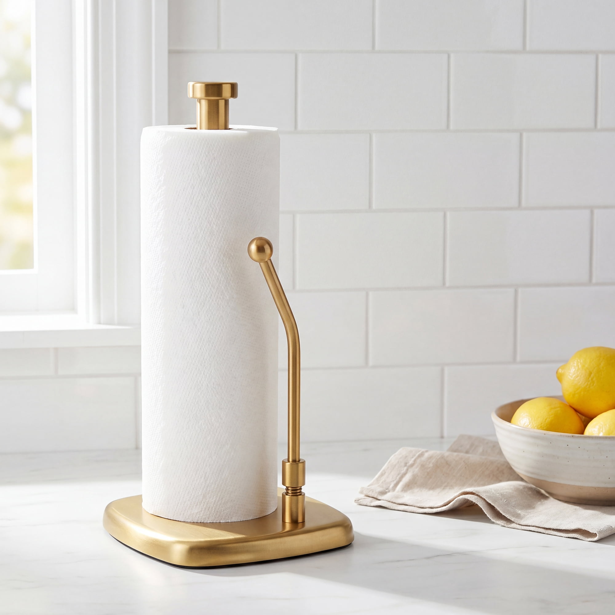Unique Bargains Paper Towel Holder Countertop Weighted Base Gold 12.7x6.3inch