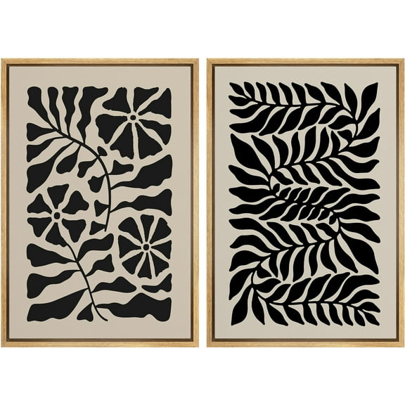 IDEA4WALL Framed Canvas Print Wall Art Set Black Abstract Floral Pattern Vintage Art Retro Wildflowers Illustration Decorative Bohemian Chic Artwork for Home Decor - Natural 24"x36"x2