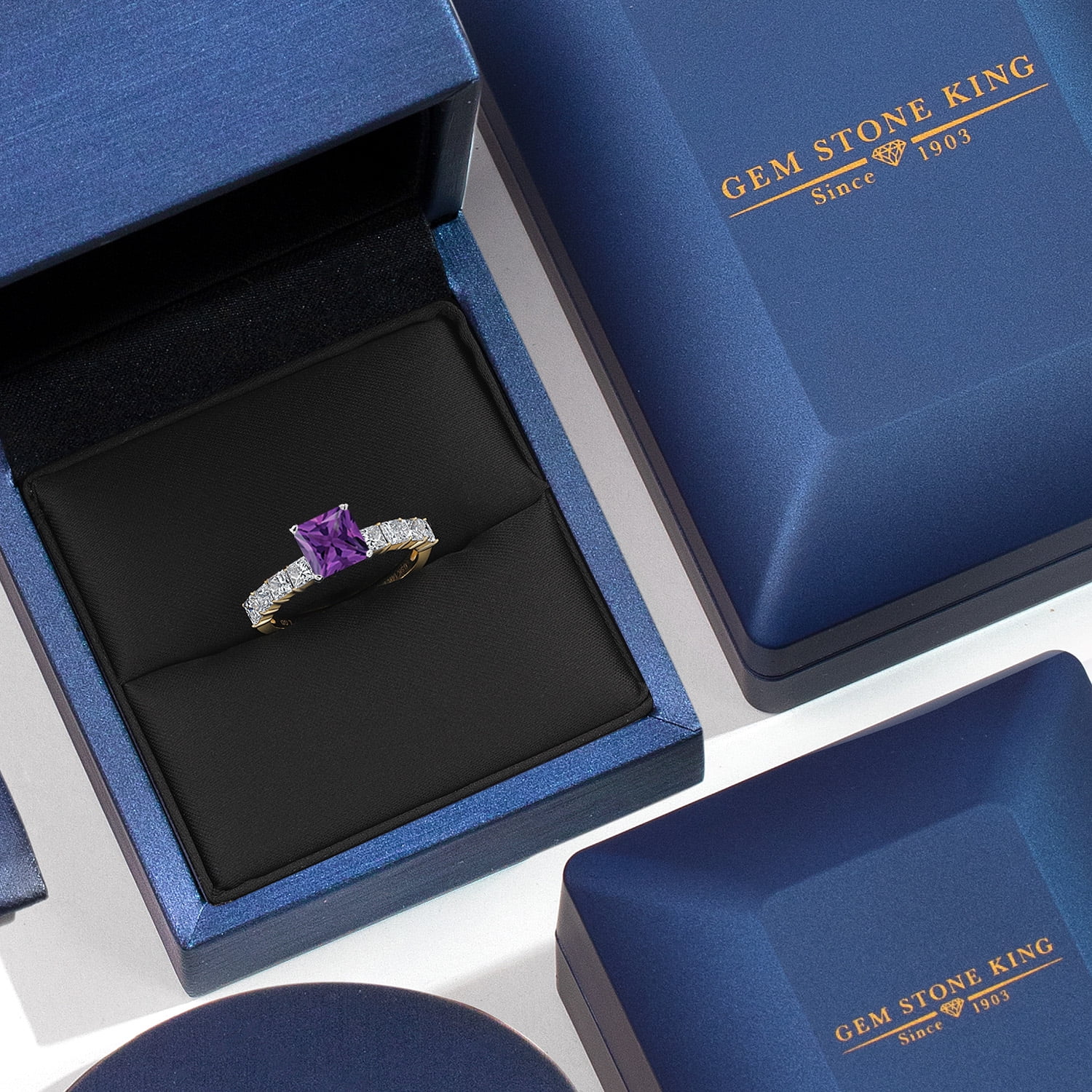 Gem Stone King 14K White And Yellow Gold Purple Amethyst and Lab Grown Diamond Engagement Ring for Women | 1.94 Cttw | Princess 6MM | Gemstone February Birthstone | Size 9