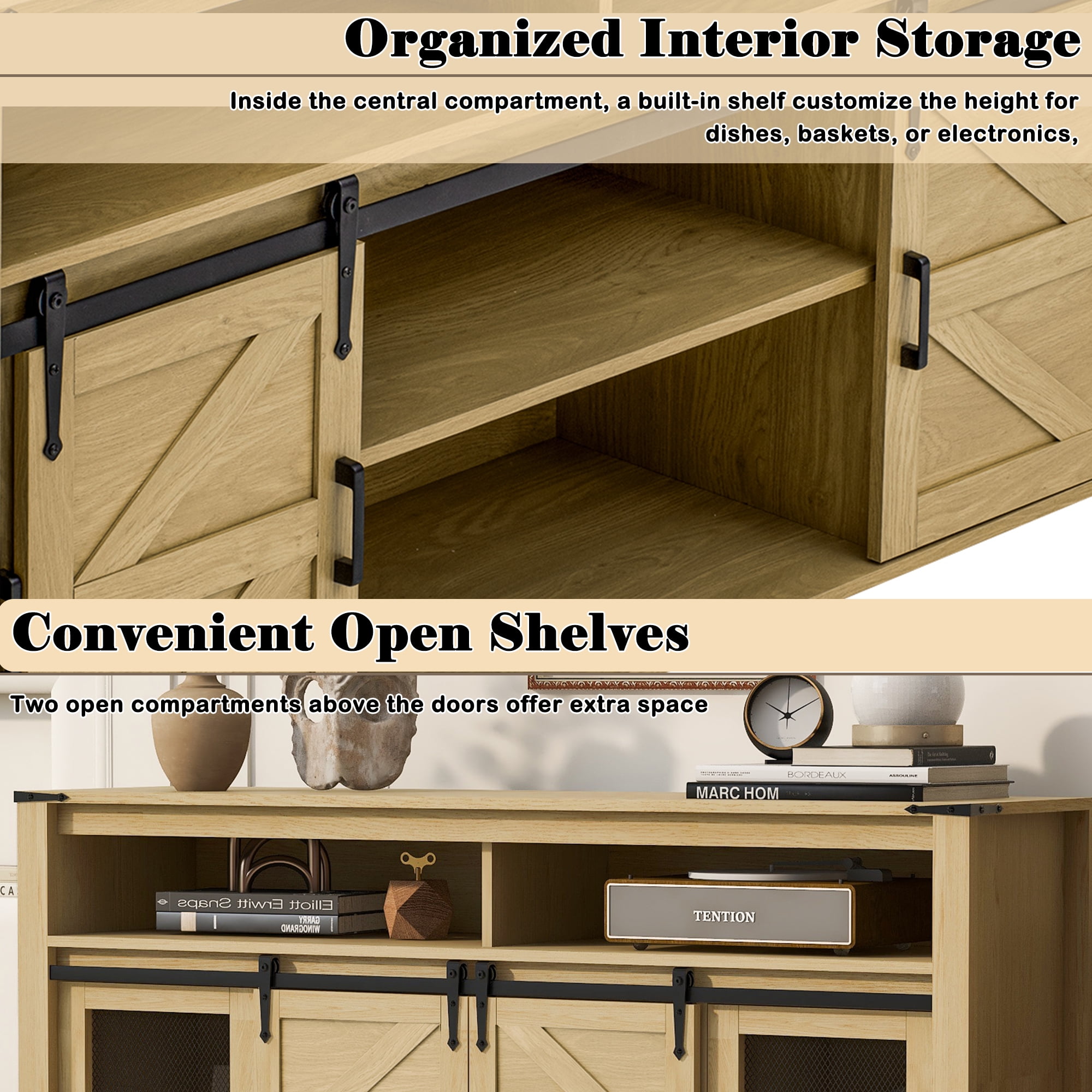 Aukfa 59.3" Sideboard Buffet Cabinet w/Mesh Panel Doors,Large Storage Cabinet for Kitchen Dining Living Room,Natural