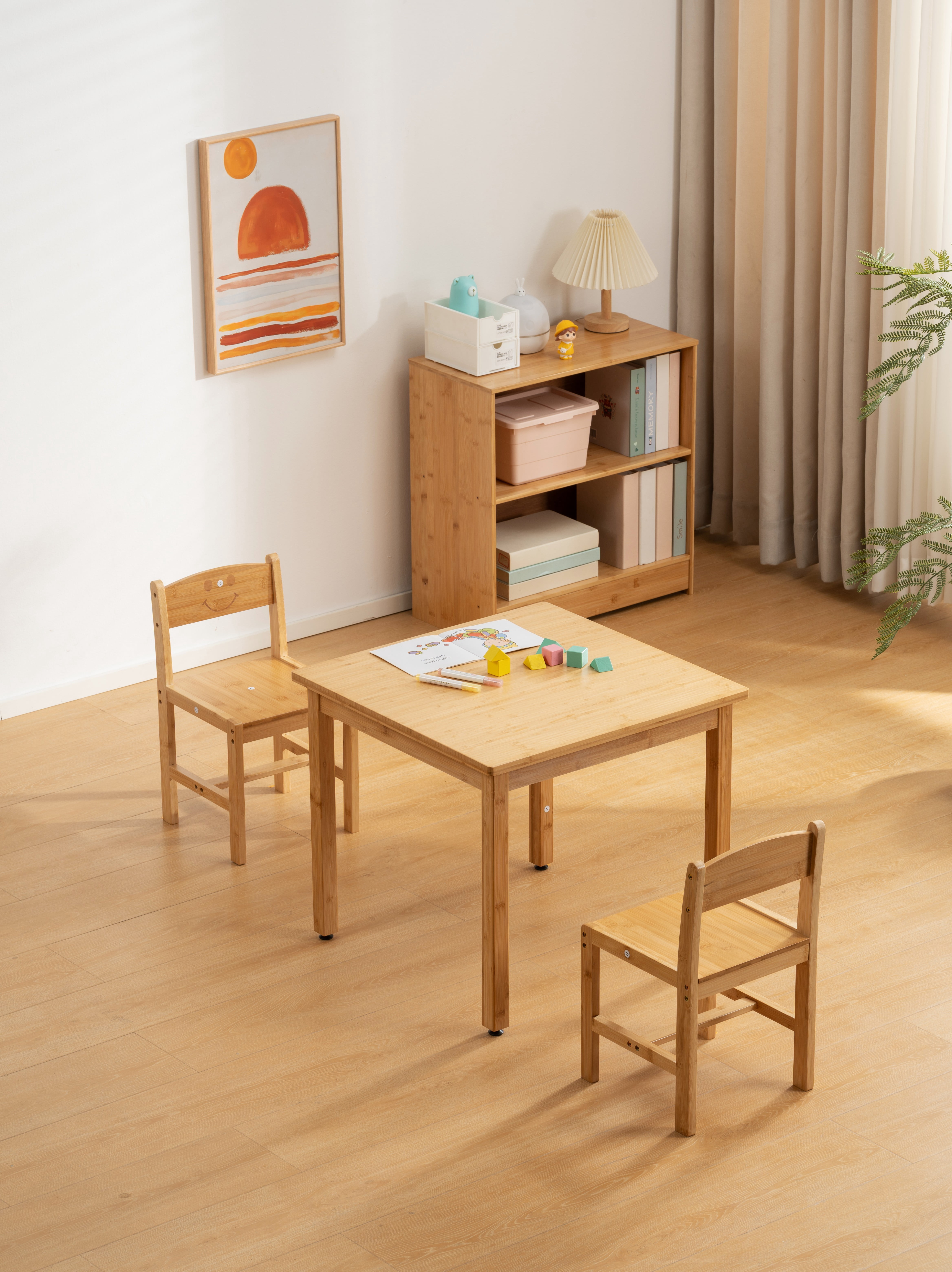 UNICOO® All-in-1 Kids Wooden Activity Table Combo Set with 1 Bookshelf & 2 Chairs – Kids Table and Chairs for Arts, Crafts, Reading & Snack – Toddler Small Desk 4-Piece Set for Playrooms & Classrooms