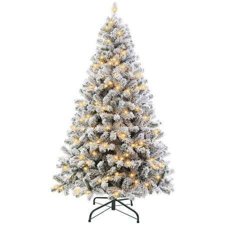 Swtroom 250 Clear Snow Flocked Prelit LED Green Flocked Pine Artificial Christmas Tree, with 928 Branch Tips including Metal Hinges Base 6'