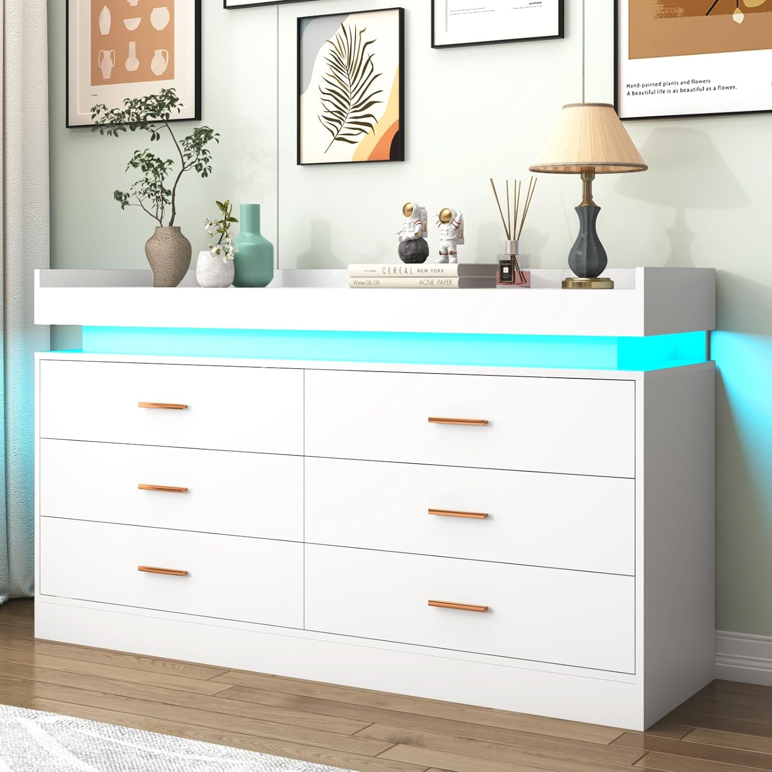 ChVans White Dresser with LED Light and Charging Station, Modern Wood Dresser with Wide Drawers and Metal Handles, 6 drawer dresser for Bedroom, Living Room, Entryway, Hallway