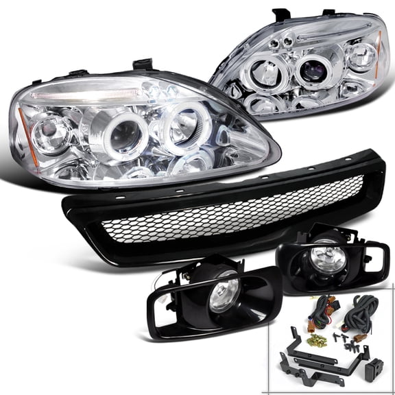 Spec-D Tuning Chrome LED Projector Halo Headlights   ABS Black Grille   Fog Lamps Compatible with 1999-2000 Honda Civic Left   Right Pair Headlamps Assembly