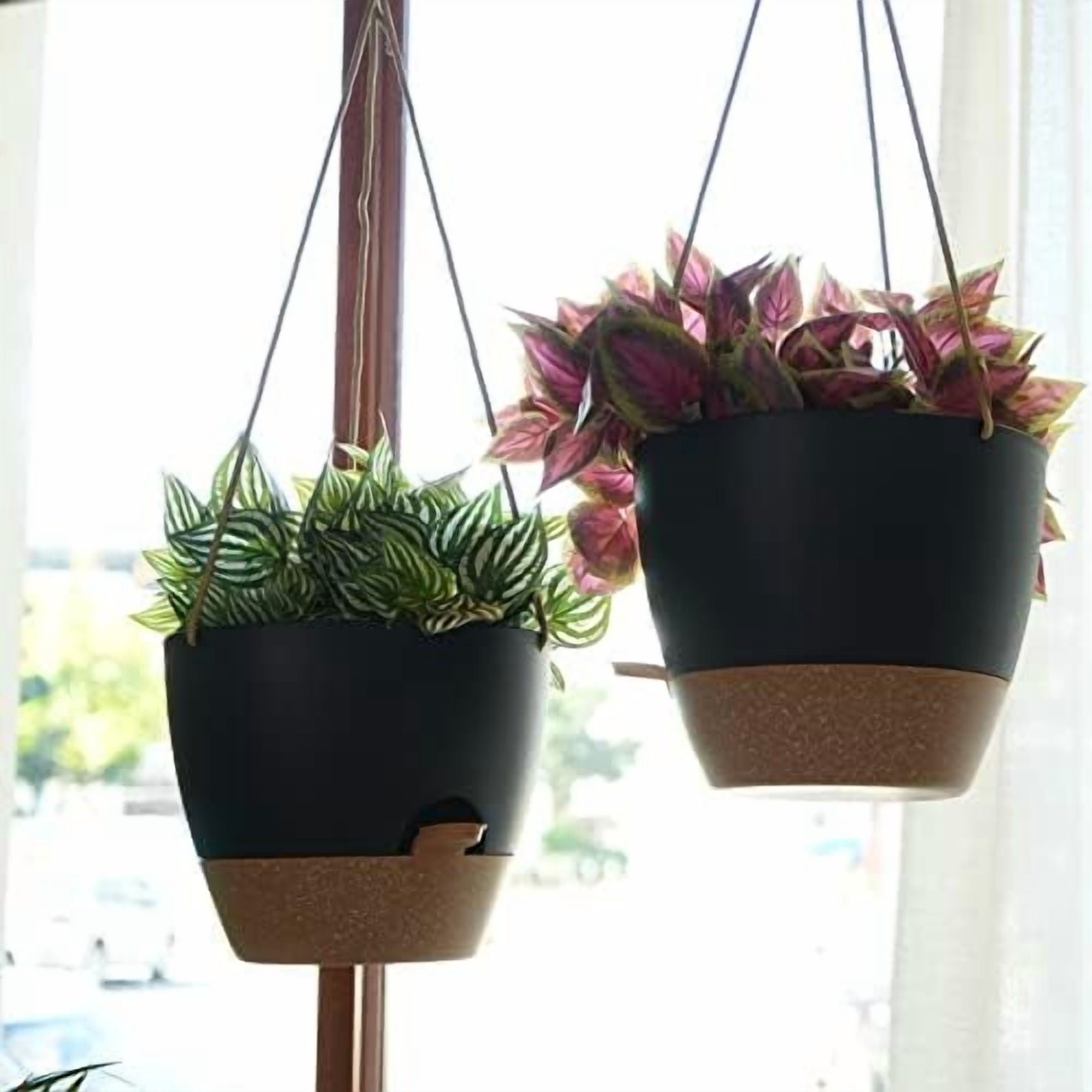 10 Inch Self Watering Hanging Pots, 2 Pack Hanging Planters with 40oZ Deep Reservior for Indoor Outdoor Plants Flowers, Black with Brown
