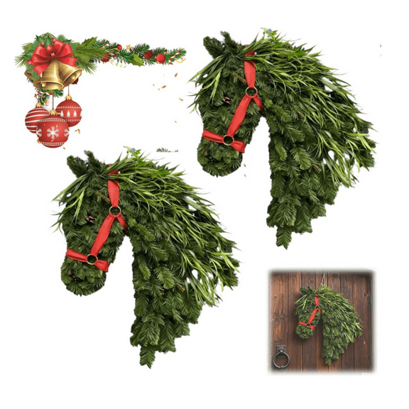Chanana 2PCS Horse Head Wreath – Rustic Farmhouse Equestrian Door Decor, 2026 New Handmade Faux Holiday Wreaths, Wall Hanger Horse-Shaped Wreath Kitchen for Front Door Wall Windows Room Indoor