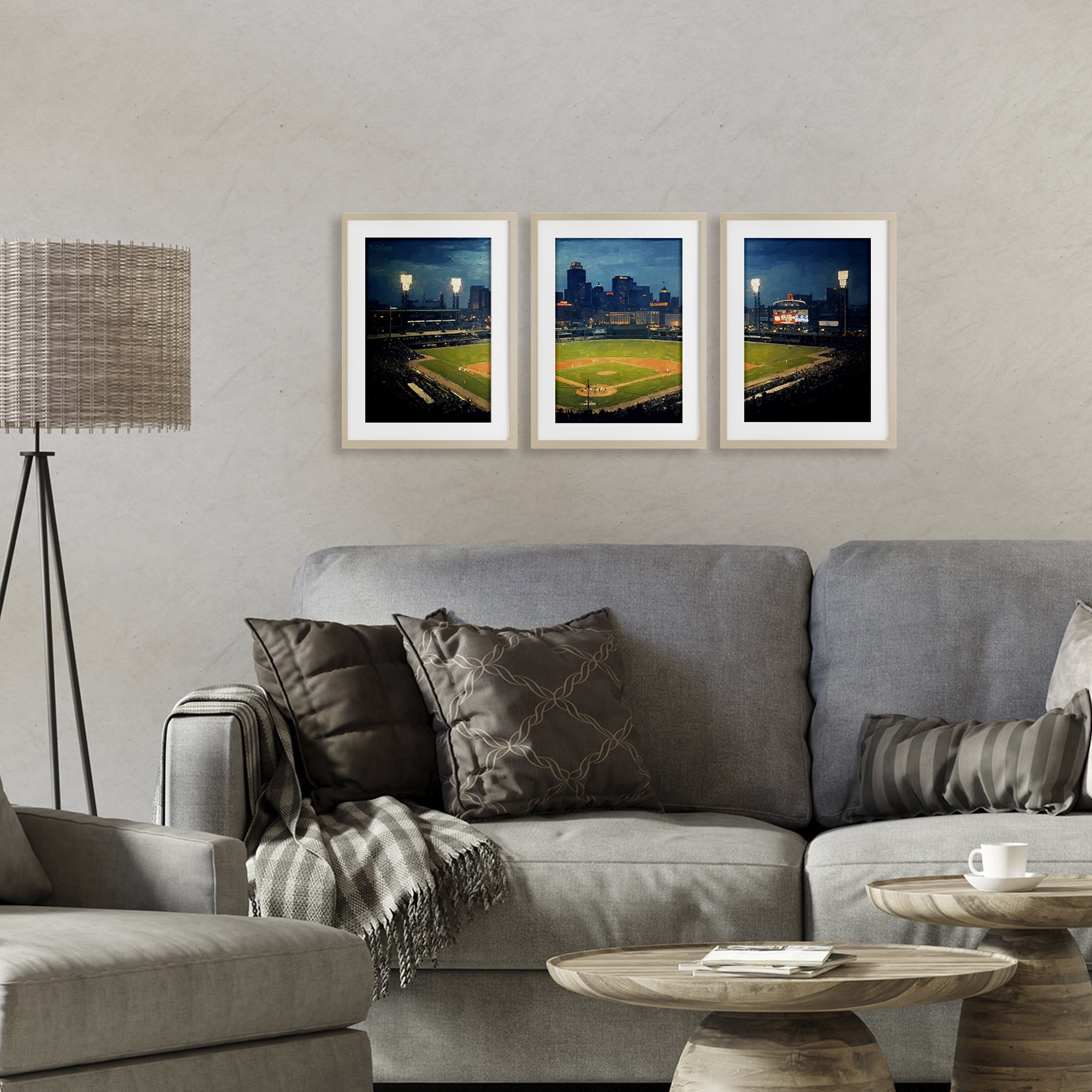 Stupell Industries Baseball Stadium Night View 3 Piece Birch Framed Print Under Glass Set, design by Arlington Prints