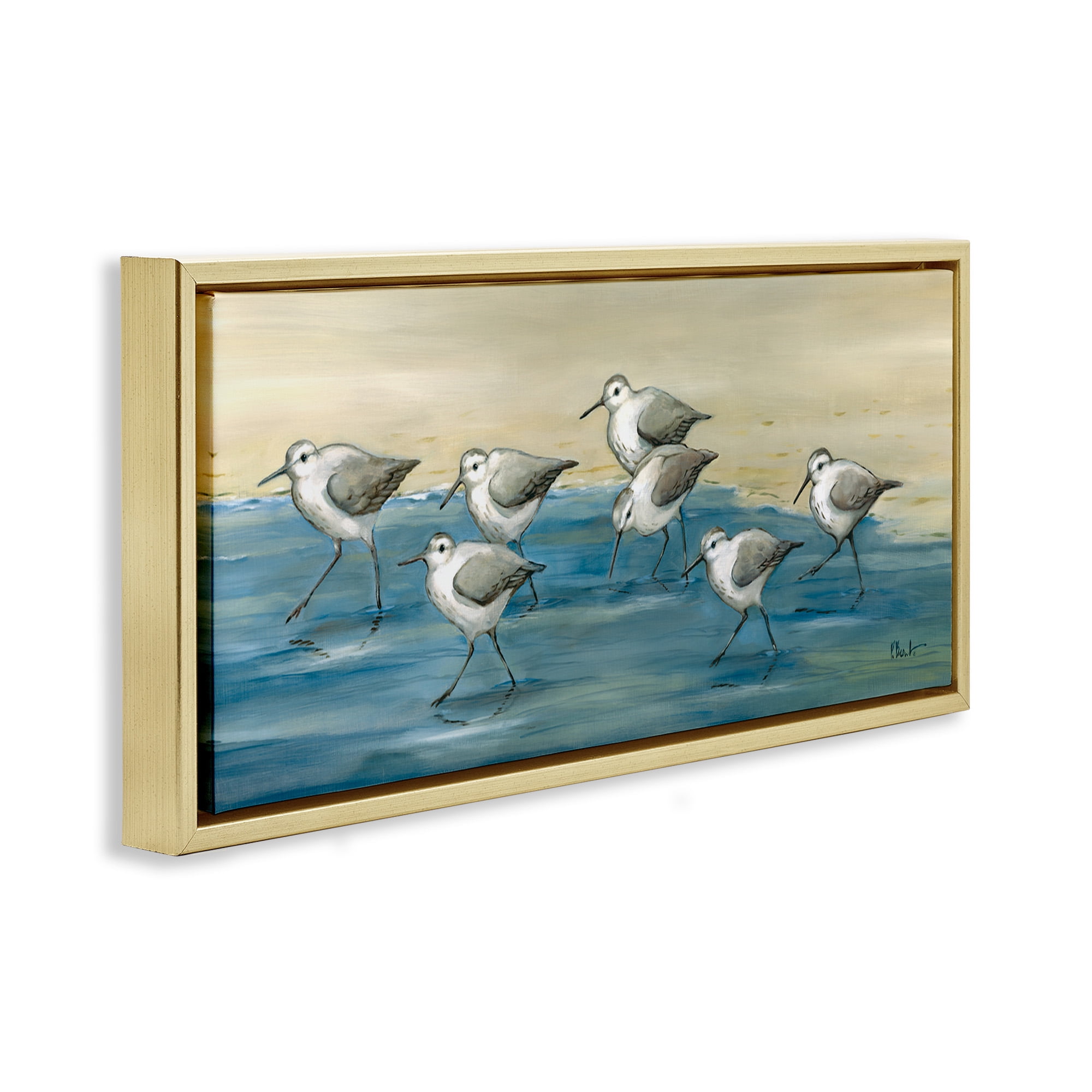 Stupell Industries Sandpiper Bird Flock Beach Shoreline Nature Painting Gold Floater Framed Canvas Art Print Wall Art, 25 x 11
