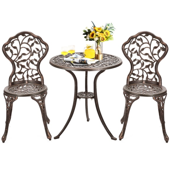 GETHFS 3-Piece Patio Bistro Set, Cast Aluminum Outdoor Table and Chairs with Leaf Design, Antique Bronze Bistro Furniture Set for Balcony, Garden & Patio