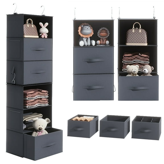 Caroeas Hanging Closet Organizer, 6-Shelf Hanging Shelves with 3 Removable Drawers and 4 Side Pockets, Hanging Shelf Organizer for Wardrobe, Bedroom and Travel, Dark Gray