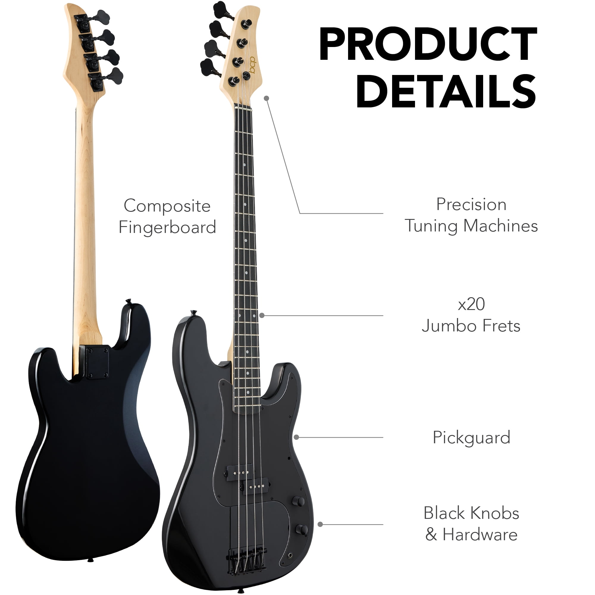 Best Choice Products Full Size Beginner 4-String Electric Guitar Bass Guitar w/ Padded Case - Black/Black