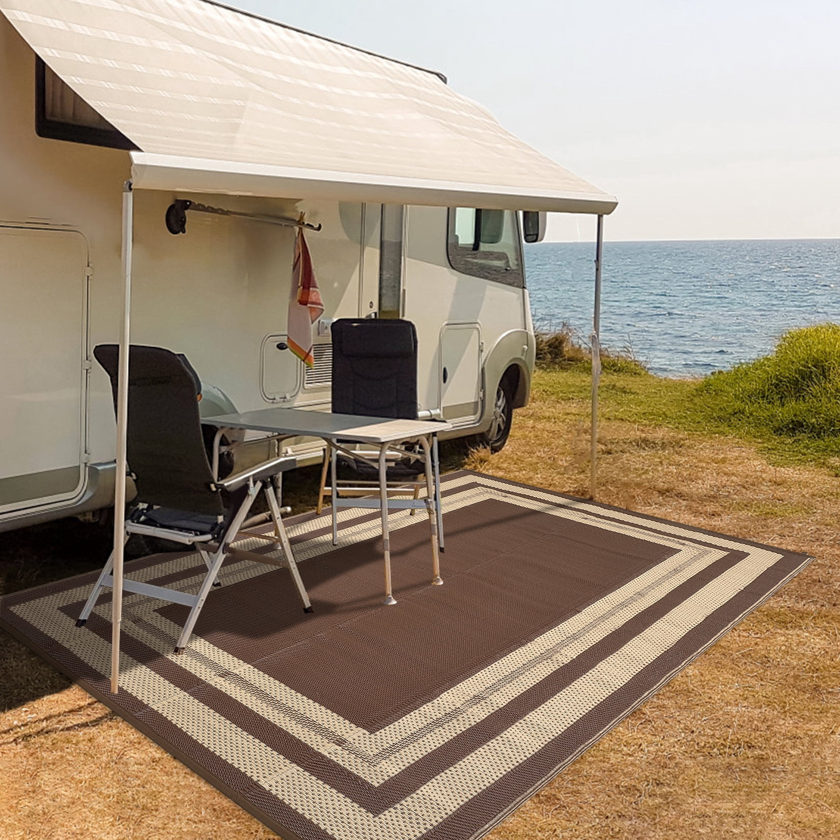 HIWEAVER 9' x 12' Brown Outdoor Rug PP Plastic Straw Woven Waterproof Patio Rug with Border Portable Outside Carpet for Balcony Deck Picnic Garden Decor