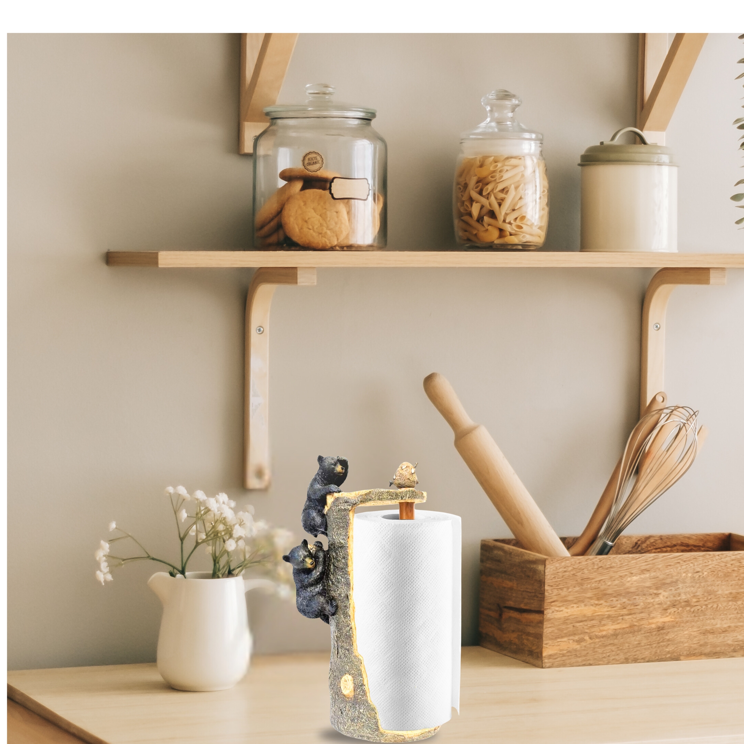 Black Bear Climbing Tree Paper Towel Holder Stand Dispenser, Rustic Woodland Home Kitchen Countertop Decor - Wildlife Themed Paper Towel Holder for Cabin, Lodge, and Rustic Kitchens