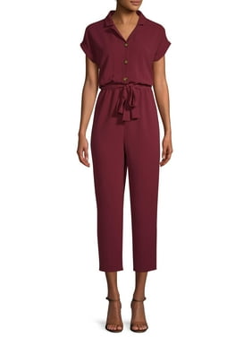 No Boundaries Juniors' Flange Button Front Tie Waist Jumpsuit