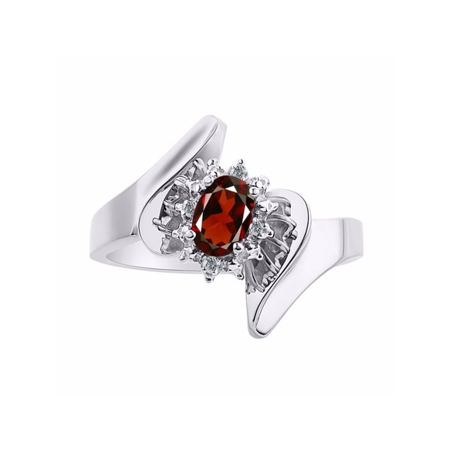 Rylos Bague de Designer Florale en Or Blanc 14K avec Pierre Précieuse Ovale 6x4 mm et Diamants Étincelants - Bijou Grenat Pierre de Naissance Taille 7