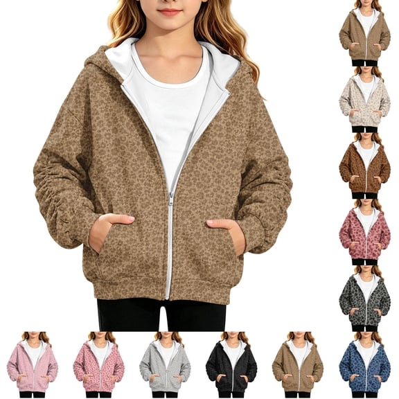 Zip Up Hoodie for Girls Long Sleeve Sweatshirt Leopard Print Hooded Jacket Front Pockets Trendy Fall Winter Casual Loose Fit Top