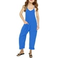 thumbnail image 3 of Spaghetti Strap V-neck Girls Solid Color Casual Loose Straight Kids Children Jumpsuit with Pocket for 5-14 Years, 3 of 5