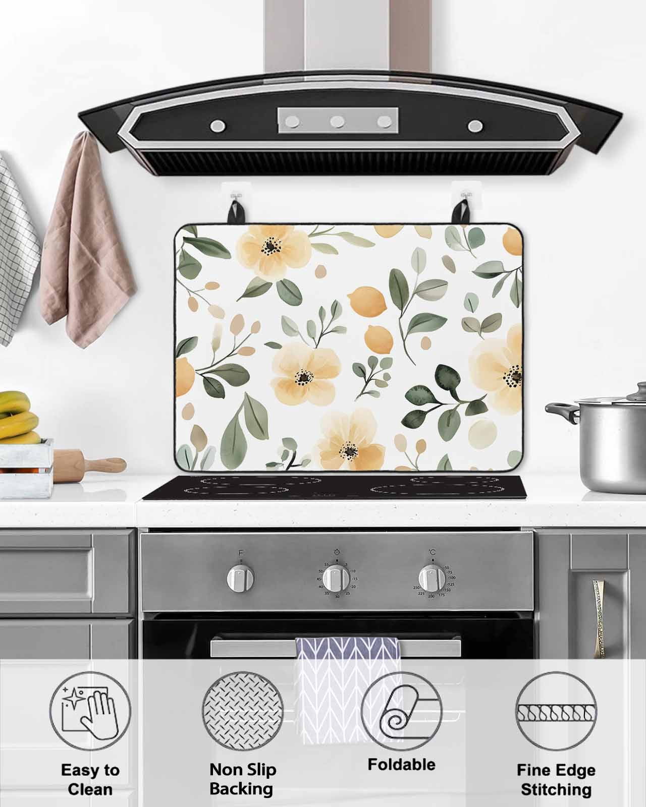 nqOlkjepod Large Induction Cooktop Protector Mat 24"x21", Botanical Stove Top Covers for Electric Stove, Flower Floral Vintage Wildflower Garden Motifs Stove Burner Cover Mats, Glass Top Stove Cover