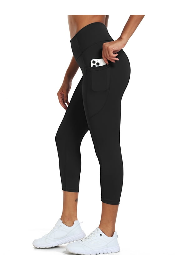 Womens High Waist Capri Yoga Leggings Cropped Pant for Workout with Two Pockets,Black,US Size L