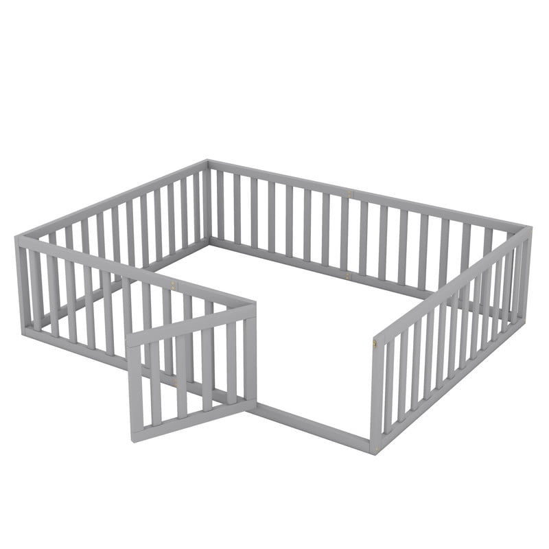 Queen Size Floor Bed Montessori Bed with Fence Guardrails and Door, Wooden Toddler Bed Playhouse Bed Platforn Bed for Boys Girls, No Slats