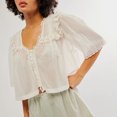 thumbnail image 2 of Gupgi Women Mesh Shirts Summer Solid Color V-Neck Short Sleeve Ruffles Translucent Blouse Casual Loose Tops, 2 of 8