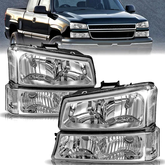 BRYGHT-For 2003-2006 Chevy Silverado 2002-2006 Avalanche Chrome Bumper Headlights Pair
