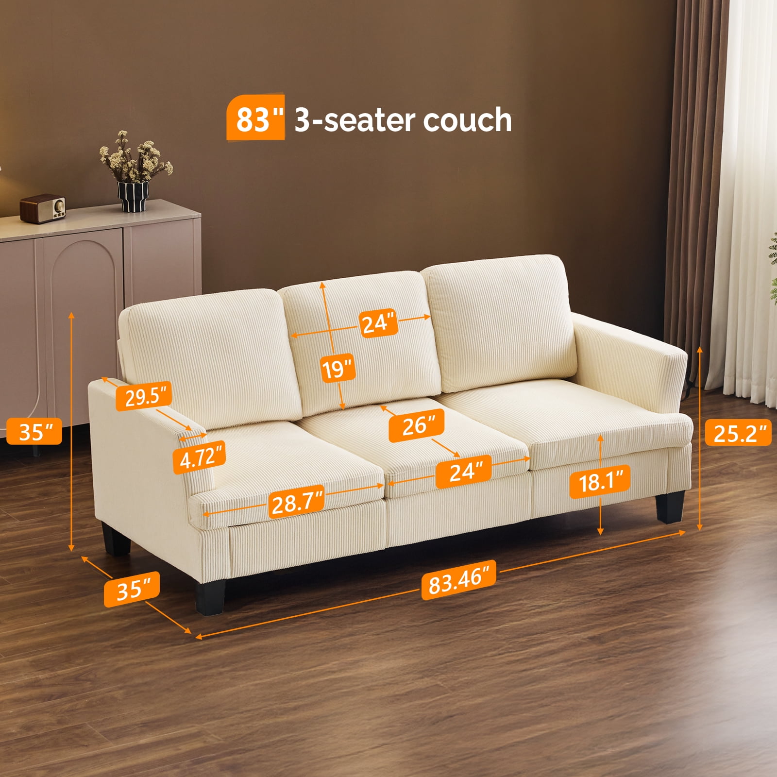 Ktaxon 83" Sofa with 3 Seater, Corduroy Couch with Deep Seat, Ergonomic Design, Removable Cushions for Living Room Bedroom Office, Beige