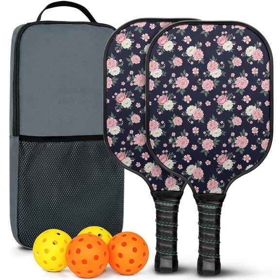 Pickleball Paddles Set,Pioneer Flower Floral Print Pattern Fiberglass Surface Pickleball Racket Set with 2 Indoor Outdoor Pickleball Balls and Pickleball Bag,Pickle-ball Equipment