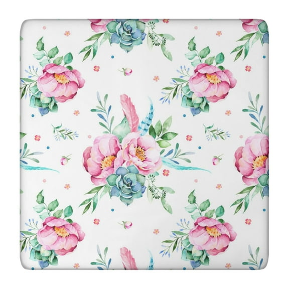 Square Tablecloth with Elastic Edges 36 * 36 Inch Pioneer Waterproof Pink Floral Feathers Table Cover Washable Indoor and Outdoor for Party Kitchen Dinner Banquet Patio Picnic