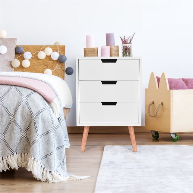 Costway Mesita de Noche con 3 Cajones Mesa Auxiliar con Patas Organizador para Habitación Sala de Estar 40 x 40 x 61 cm Blanco