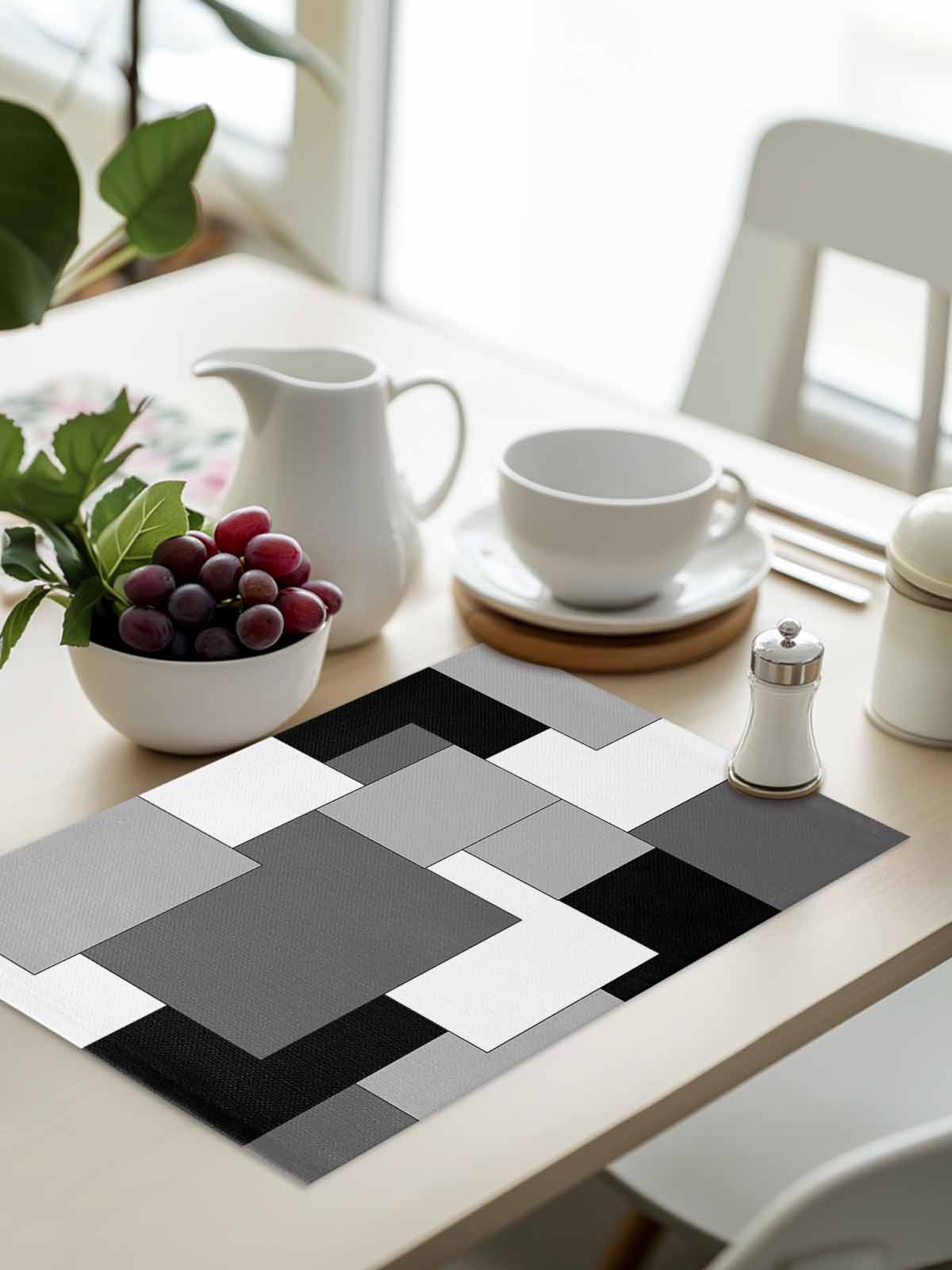 Black Grey Placemats Set of 4, Middle Century Irregular Geo Abstract Art Placemats for Dining Table, Place Mats for Kitchen Tabletop, Waterproof Wipeable Dining Table Mats Set