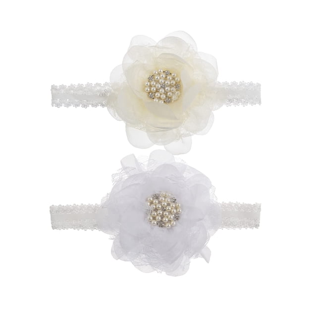 Nishine - Paquete de 2 diademas de encaje elástico para recién nacidos, diademas de tela con flores y perlas para baby shower, regalo de cumpleaños (blanco/marfil)