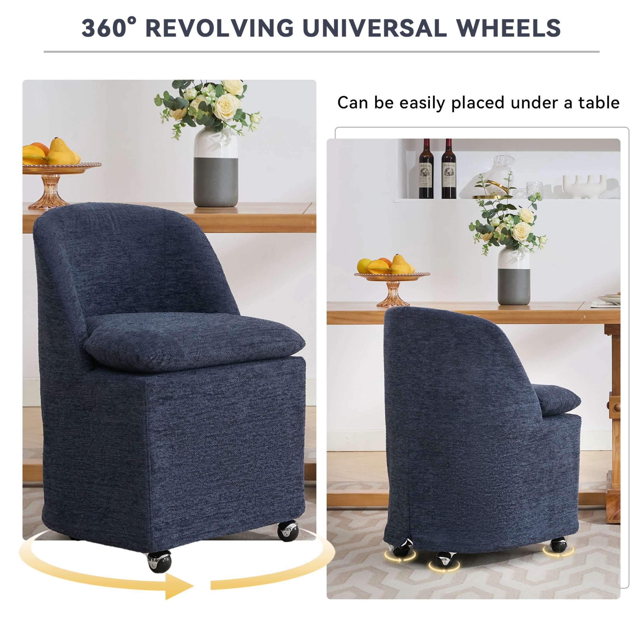 Noble House Amary Chenille Upholstered Dining Chairs with Wheels, 360° Swivel Rolling Chair Set, Blue, Set of 2