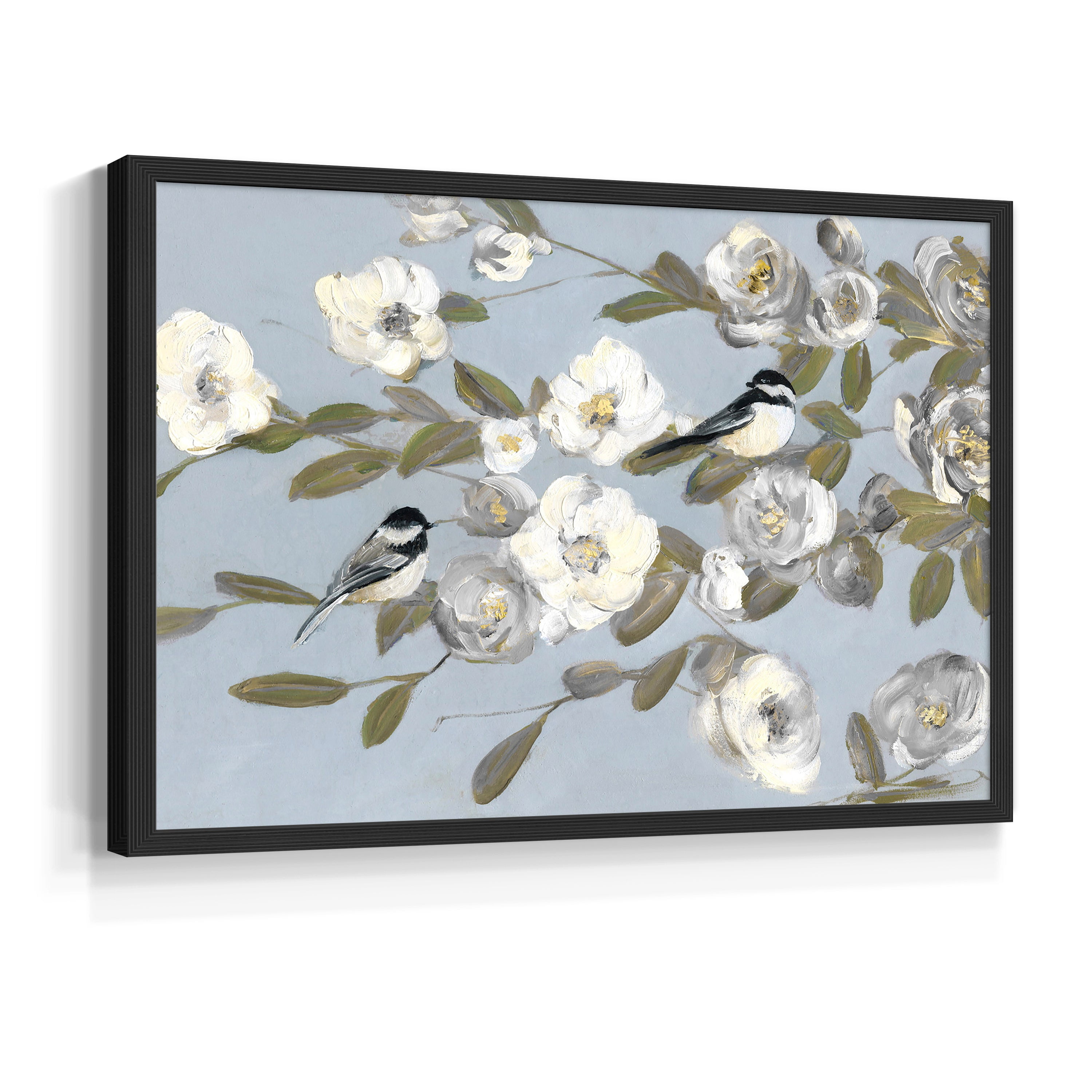 Chickadees and Blossoms I by Sally Swatland - Restickable Framed Giclée Print